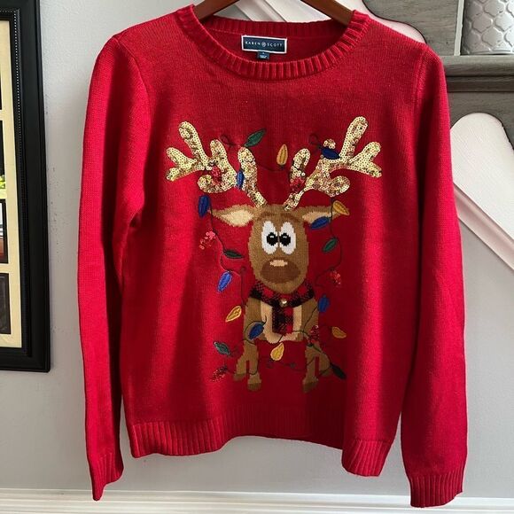 Karen Scott Red Embroidered Sequined Jingle Reindeer Christmas Sweater sz L EUC - Picture 1 of 5